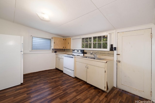 kitchen featuring sink, white appliances, dark wood-type flooring, and tasteful backsplash