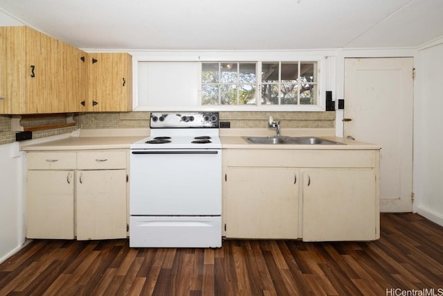 kitchen featuring white electric range oven, tasteful backsplash, dark hardwood / wood-style flooring, and sink