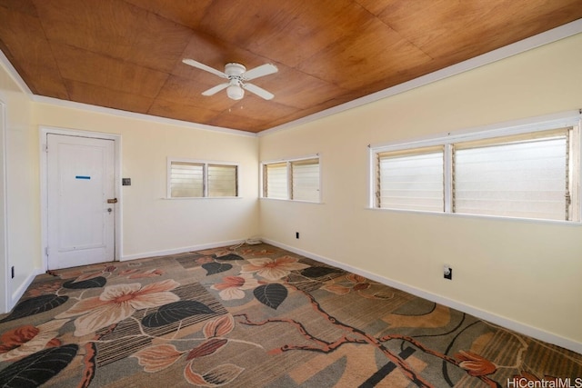 spare room featuring ceiling fan and wood ceiling