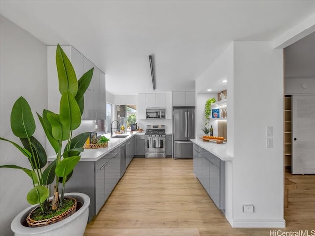 kitchen featuring appliances with stainless steel finishes, light hardwood / wood-style flooring, gray cabinetry, and sink