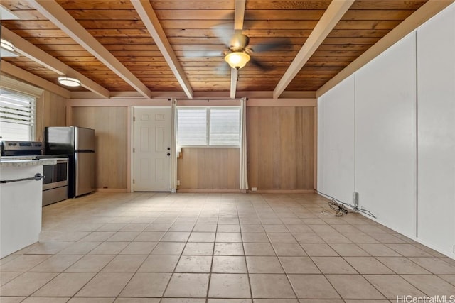 kitchen featuring ceiling fan, beam ceiling, wooden ceiling, wooden walls, and stainless steel appliances