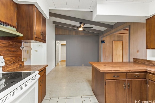 kitchen with electric range, wood walls, wooden counters, and vaulted ceiling with beams