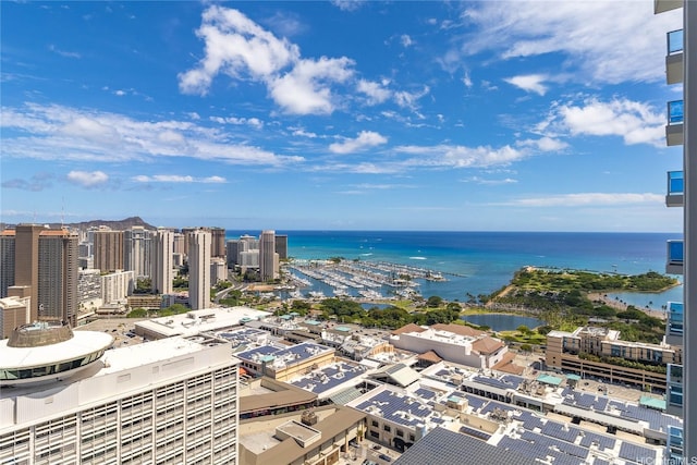 drone / aerial view featuring a city view and a water view