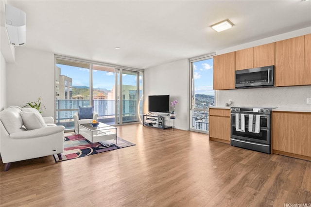 living room with light wood-type flooring, expansive windows, a wealth of natural light, and a wall unit AC