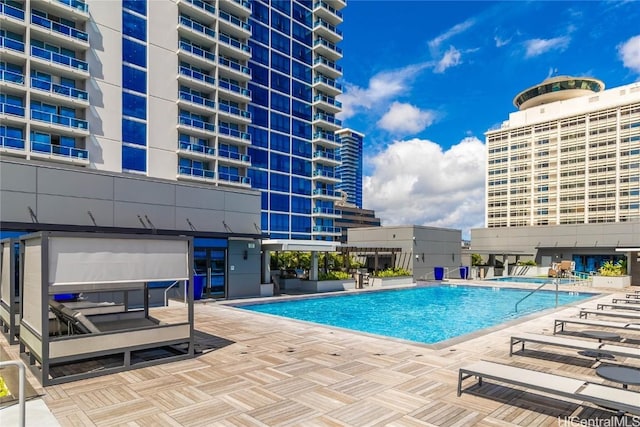 view of swimming pool featuring a patio area