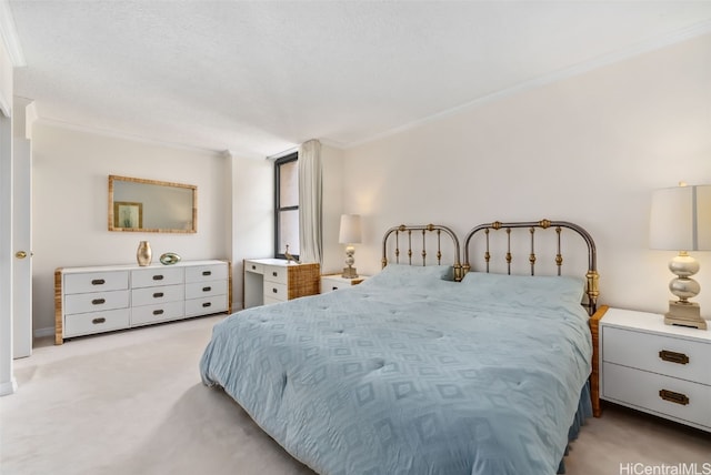 carpeted bedroom featuring ornamental molding