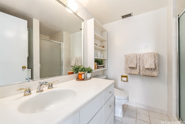 bathroom featuring tile patterned flooring, vanity, toilet, and a shower with door