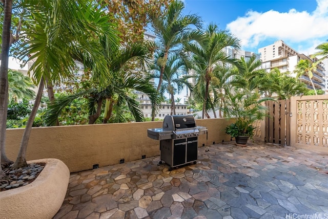 view of patio featuring a grill