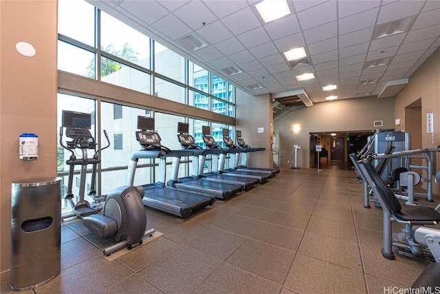 workout area featuring a paneled ceiling, plenty of natural light, and a towering ceiling