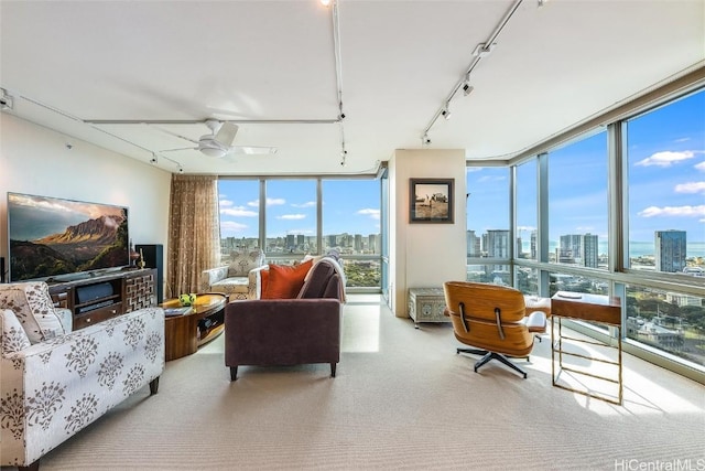 living room featuring a wall of windows, a healthy amount of sunlight, and ceiling fan