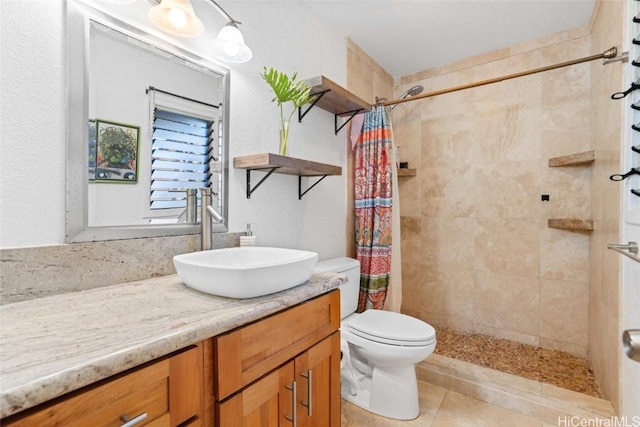 bathroom featuring vanity, toilet, and a shower with shower curtain