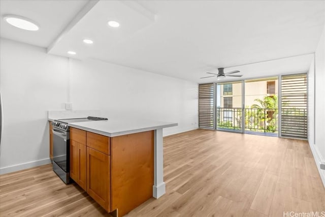 kitchen with electric range, light hardwood / wood-style floors, expansive windows, and kitchen peninsula