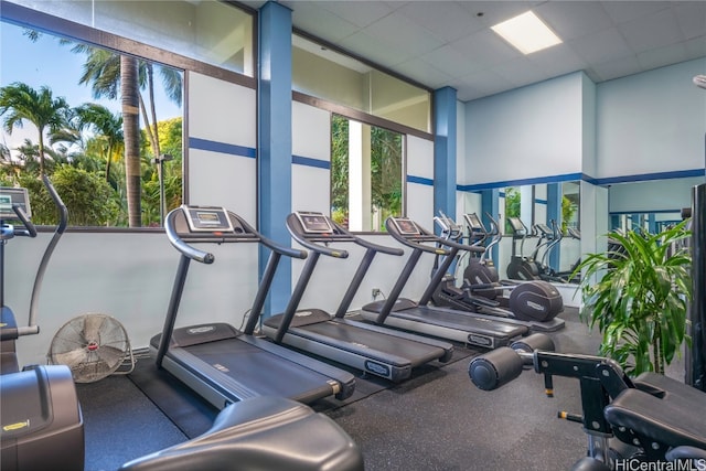 exercise room featuring a drop ceiling