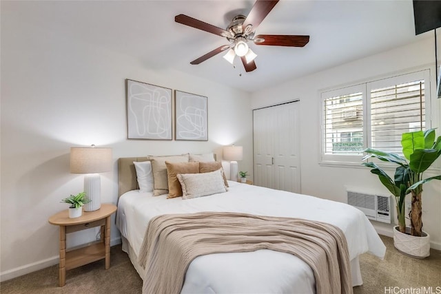 bedroom featuring a closet, ceiling fan, and carpet flooring