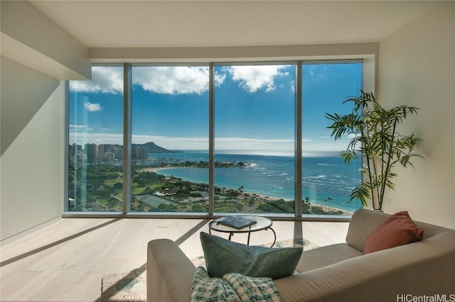 interior space with hardwood / wood-style floors, a water view, and a healthy amount of sunlight