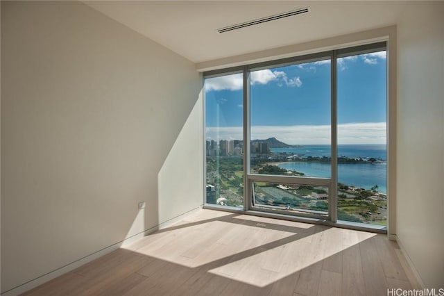 empty room featuring floor to ceiling windows, plenty of natural light, light hardwood / wood-style flooring, and a water view