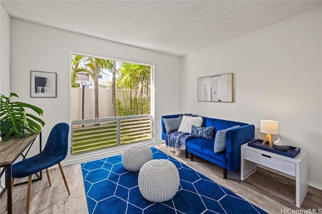 living area featuring a textured ceiling and hardwood / wood-style flooring