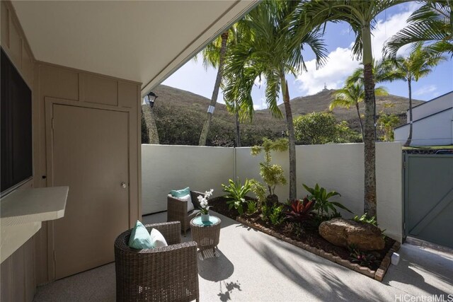 view of patio with a mountain view