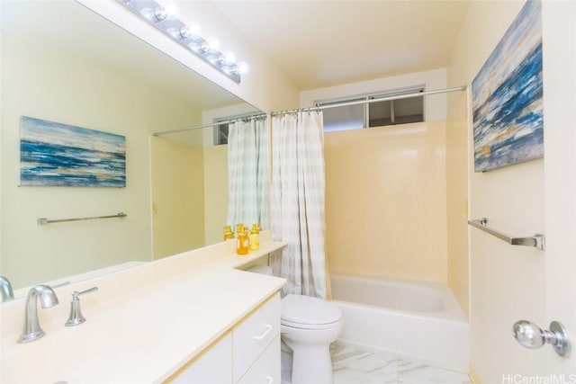 full bathroom featuring vanity, toilet, and shower / bathtub combination with curtain