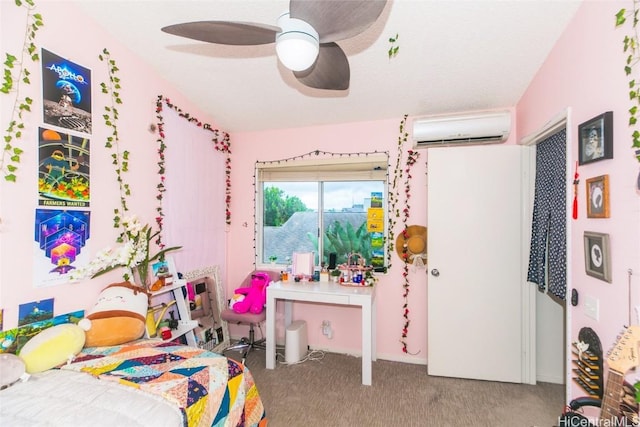 bedroom featuring a wall mounted air conditioner, light colored carpet, and ceiling fan