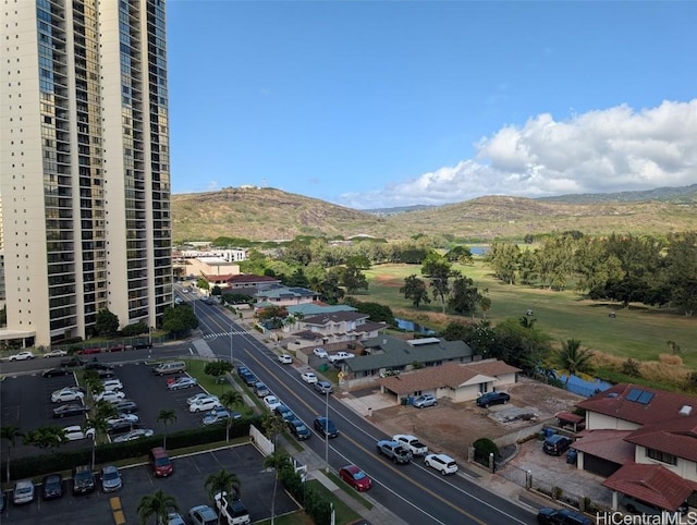 birds eye view of property with a mountain view