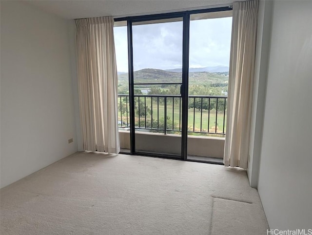 carpeted empty room featuring a mountain view