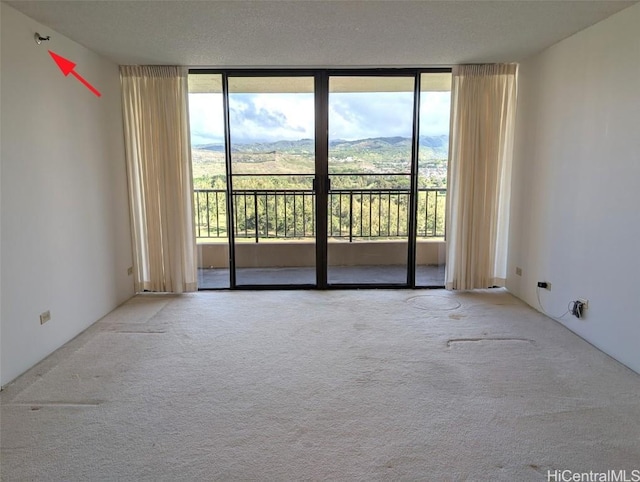 carpeted empty room featuring a mountain view and expansive windows