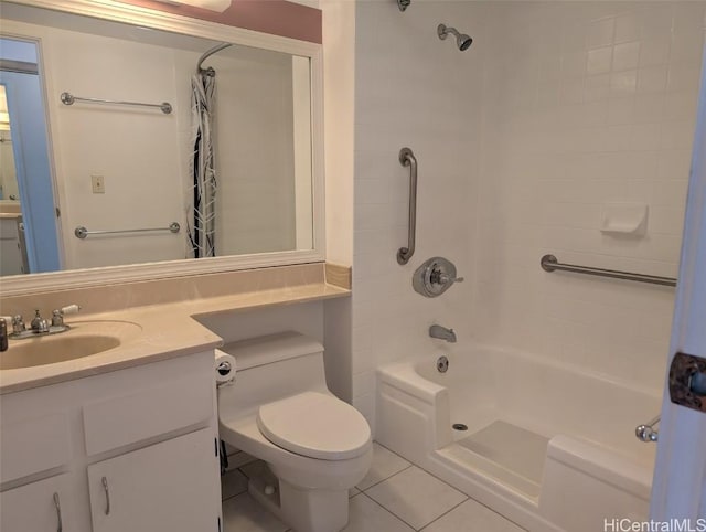 full bathroom featuring toilet, vanity, tile patterned floors, and shower / bath combo with shower curtain