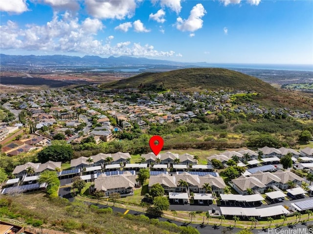 drone / aerial view featuring a mountain view