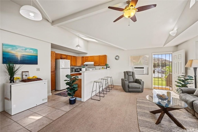 living room with beamed ceiling, light tile patterned floors, ceiling fan, high vaulted ceiling, and cooling unit