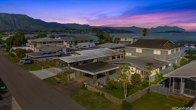 aerial view at dusk with a mountain view