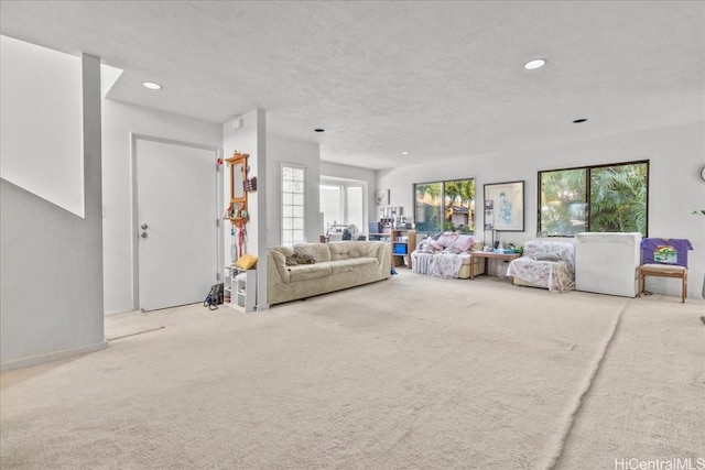 carpeted living room with a textured ceiling