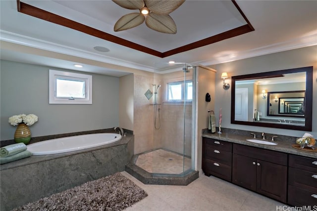 bathroom featuring independent shower and bath, crown molding, vanity, and ceiling fan