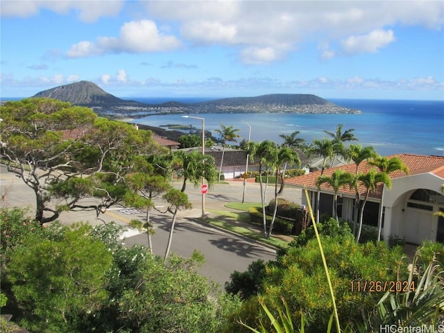 exterior space with a water and mountain view