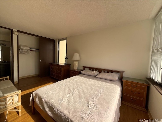 bedroom with a textured ceiling, hardwood / wood-style flooring, and a closet