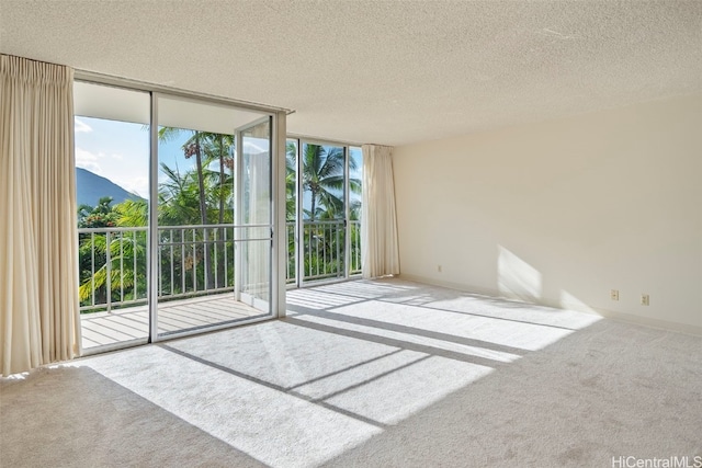 unfurnished room with light carpet, expansive windows, a mountain view, and a textured ceiling