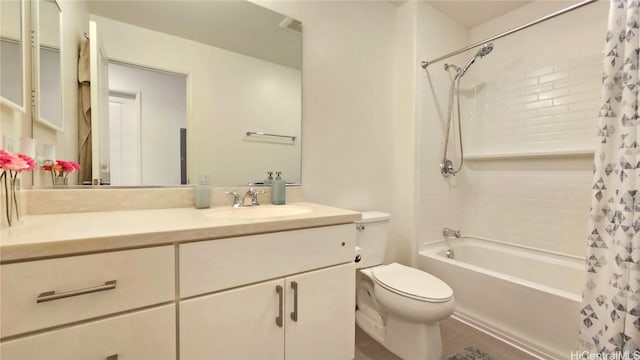 full bathroom with toilet, shower / bath combination with curtain, and vanity