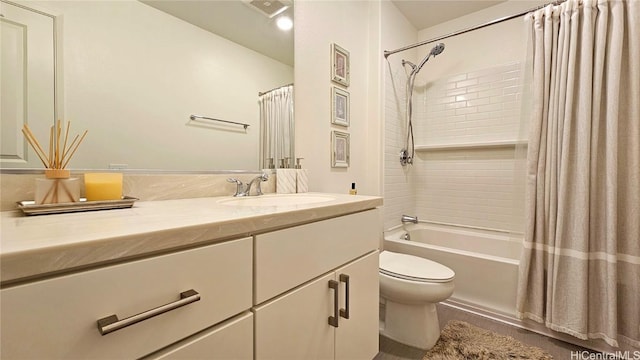 full bathroom with toilet, vanity, and shower / bathtub combination with curtain