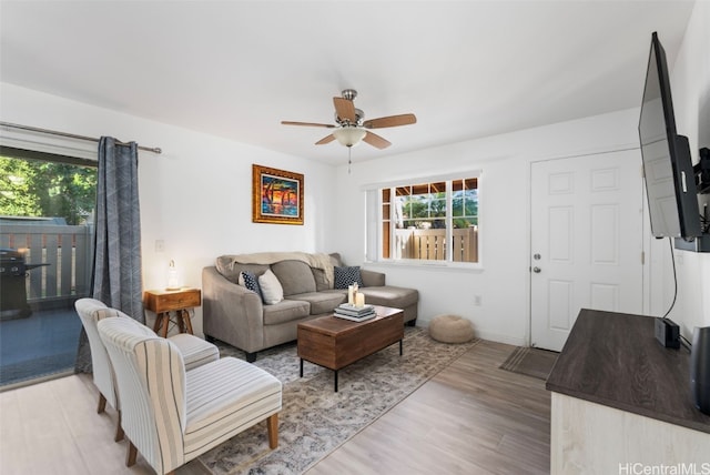 living room featuring hardwood / wood-style floors and ceiling fan