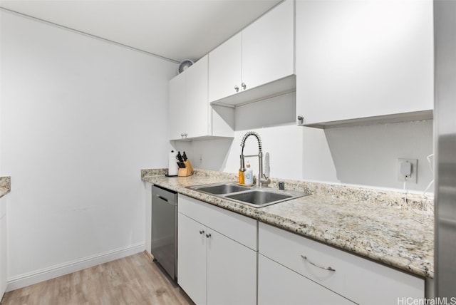 kitchen with sink, white cabinets, stainless steel dishwasher, and light wood-type flooring