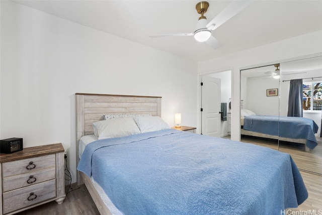 bedroom featuring a closet, ceiling fan, and light hardwood / wood-style flooring