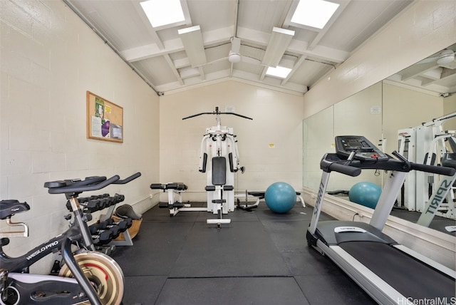 workout area featuring lofted ceiling