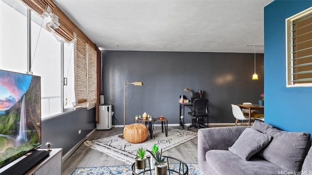 living room featuring water heater and wood-type flooring