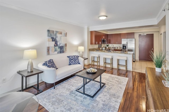 living room featuring sink, crown molding, and dark wood-type flooring