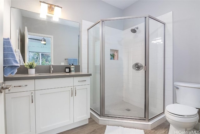 bathroom with toilet, a shower stall, wood finished floors, and vanity