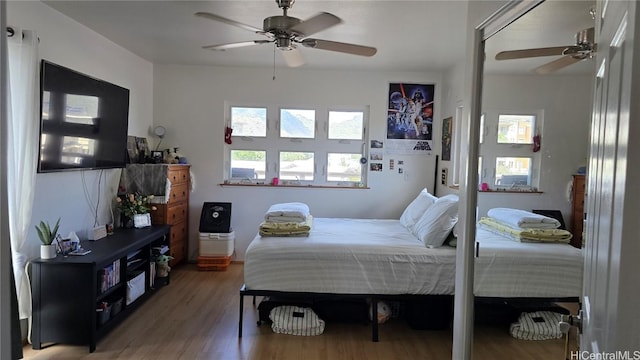 bedroom featuring ceiling fan and wood-type flooring