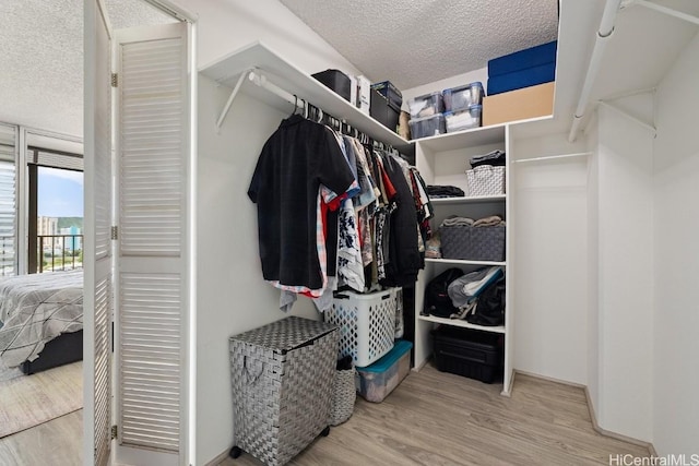 walk in closet with light hardwood / wood-style floors