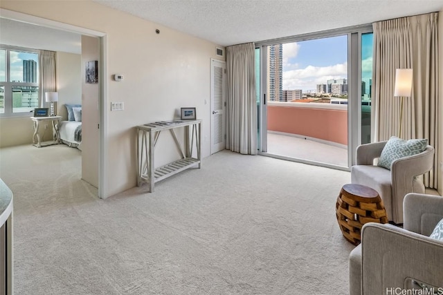 sitting room featuring light carpet and a textured ceiling