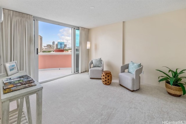 sitting room with carpet flooring, a textured ceiling, and expansive windows