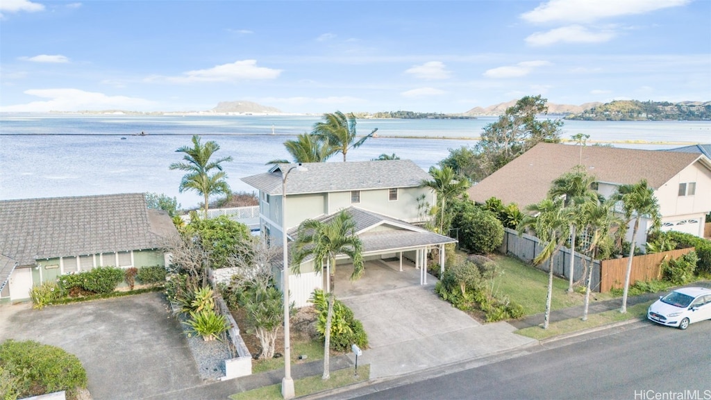 drone / aerial view featuring a water view